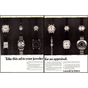 1970 Bulova Caravelle Watch 2 Page Sea Hunter Day and Date Vintage Print Ad